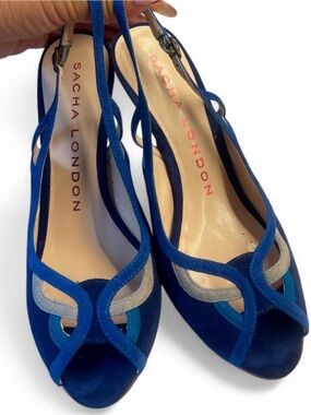 SACHA LONDON Electric Cobalt Blue *LEATHER SUEDE* Peep Toe Slingback Kitten Heel